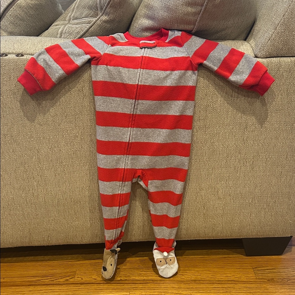 Carter's Santa Red and Gray Striped Footed One Piece